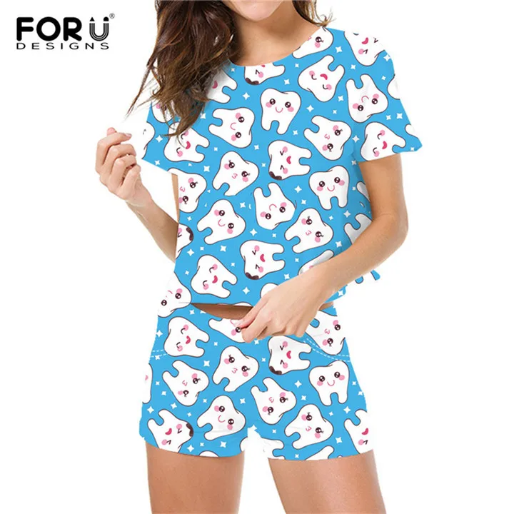 FORUDESIGNS/милые женские летние шорты, рукава, футболка и короткие штаны, принт с героями мультфильмов, принт стоматолога, женские повседневные комплекты одежды, платье, футболки - Цвет: HXA207BV-Z33