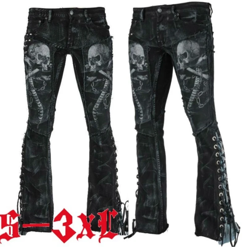 Men denim black Jeans Slim ripped hole Fashion Hip hop Skinny pencil For high street wear stretch skull jeans | Мужская одежда