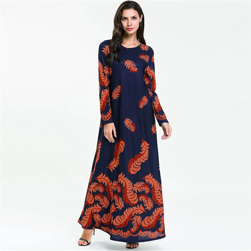 1PC Muslim Women's Dress Long-sleeved Fashion Print O-Neck England Style Middle Eastern Long Dropship Apr | Тематическая одежда