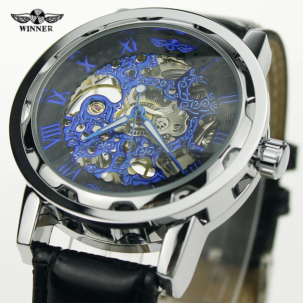 Победитель винтажные Брендовые мужские механические часы Скелет Черный Кожаный
