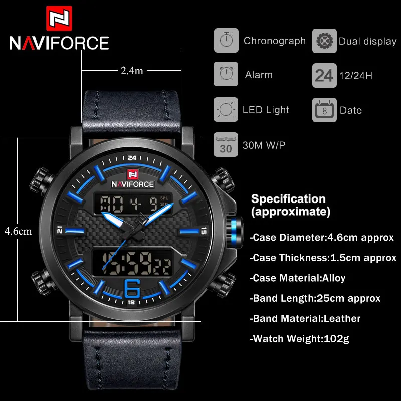Часы наручные NAVIFORCE Мужские кварцевые Светодиодные модные спортивные цифровые