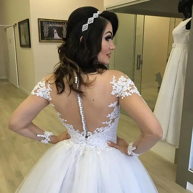 Robe Mariage дешевое свадебное платье с длинным рукавом Белое Кружевное Свадебное Платье Прозрачная спина Бохо свадебное платье Vestido de Noiva - Цвет: Skin Color Tulle