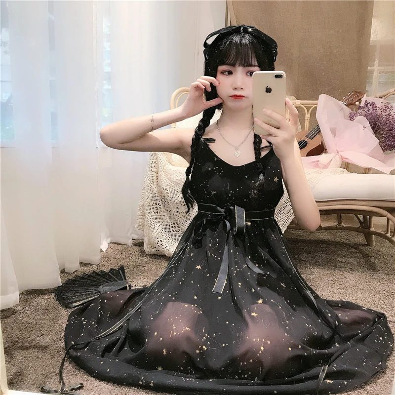 Платье Лолиты Kawaii платье для женщин японская милая Лолита позолоченное платье на бретелях+ солнцезащитное пальто куртка из двух частей милый
