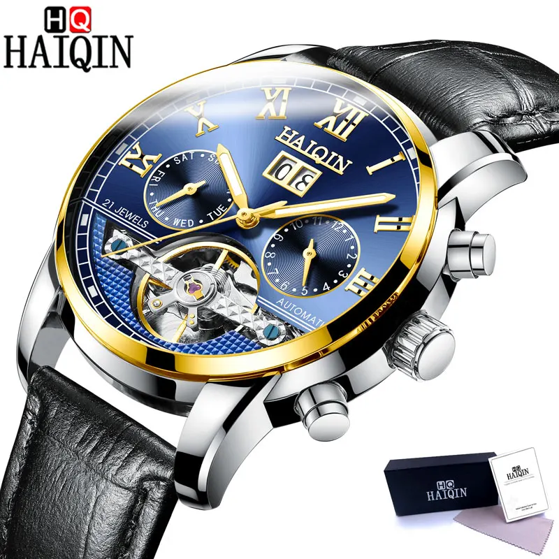 Gold Blue L Топ бренд класса люкс HAIQIN Мужские часы механические часы мужские часы автоматические часы мужские Водонепроницаемые турбийон Relogio Masculino - Цвет: Gold Blue L