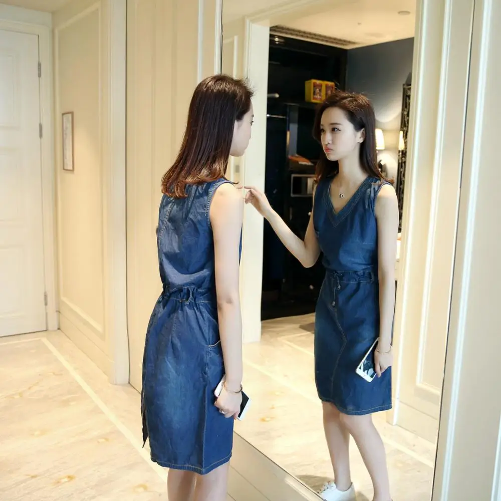 Новинка лета 2017 платье без рукавов облегающее повседневное джинсовое