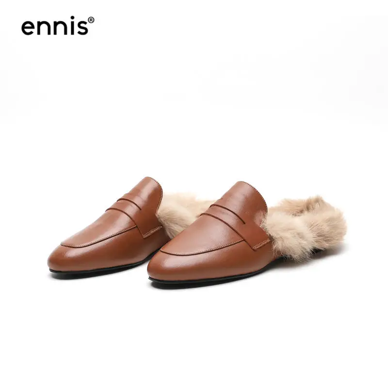 Brown ENNIS/ г.; Дизайнерская обувь; тапочки их меха под кролика; шлёпанцы; зимние тапочки; женские тапочки из натуральной кожи; обувь на плоской подошве; цвет черный, белый; M8140 - Цвет: Brown