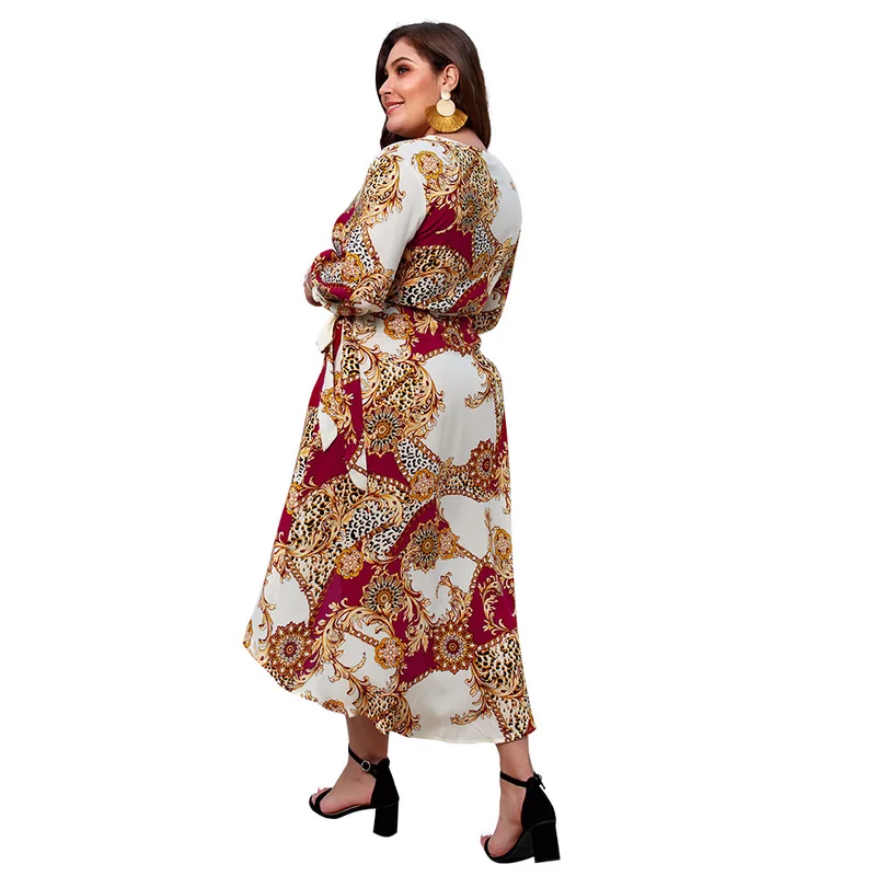 Women Dress Plus Size Fat Mm Large Spring Summer Nine-point Sleeve V-neck Print Lace Up A-line Midi Vestidos Office | Женская одежда