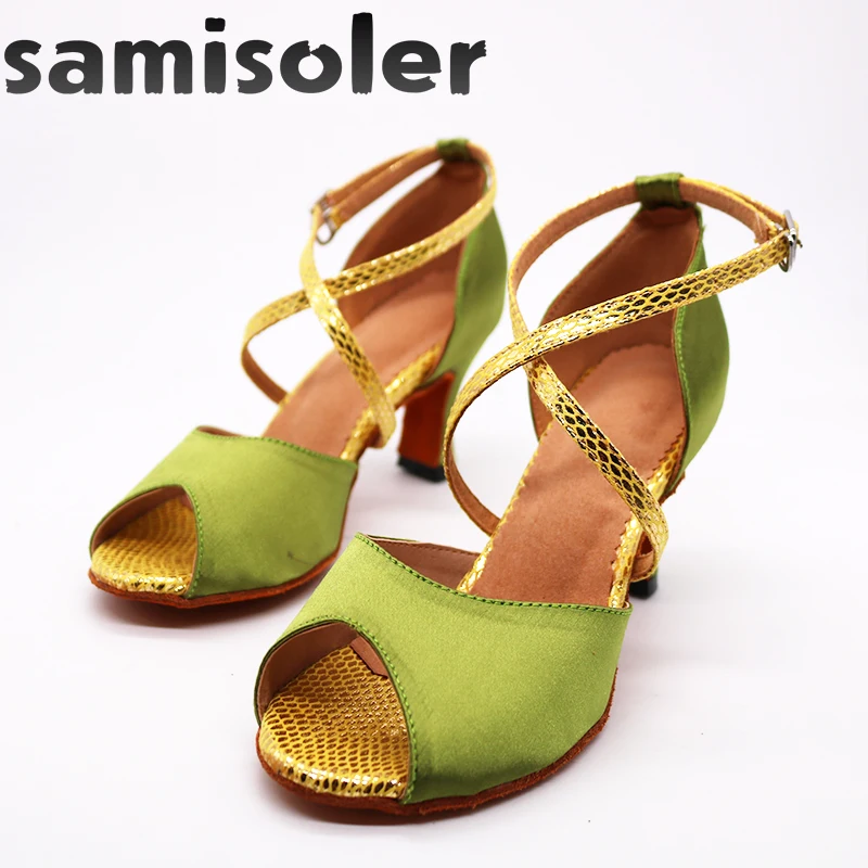 Samisoler Green New Cloth Collocation Shine Ribbons Ballroom Fashion Dance Women Latin Dance Competition Shoes