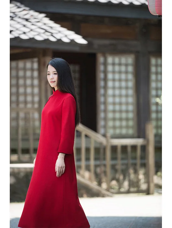 Chinese Cheongsam Dress Woolen Warm Thick Long Sleeve Dress Zen Tea Daily Long Sections Red