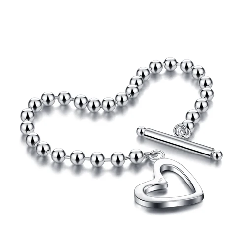 

New Female 925 sterling silver bracelet cute heart pendant contracted design process round beads bracelet girls jewelry gift