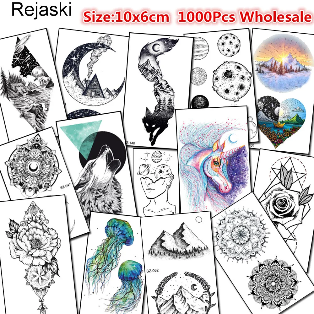 Kopen Rejaski 1000 Stuks Groothandel Tijdelijke Fake 10x6cm Tattoo Galaxy Henna Eenhoorn Tatoos Body Art Mannen Vrouwen Make-Up Tattoo Stickers