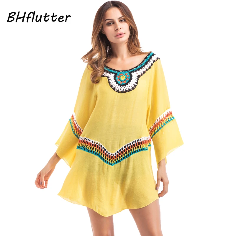 Bhflutter 2018 Новое богемное платье Для женщин Вышивка Boho Стиль мини пляжное из хлопка