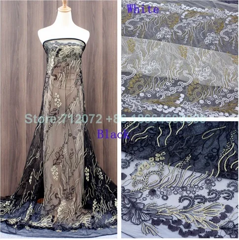 Смешанные белые и черные сверкающие блестки на белой сетке Вышитые свадебное