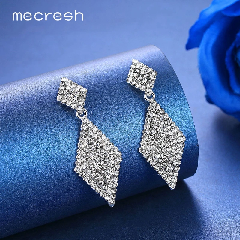 Mecresh Silver Color Rhinestone Geometric Dangle Earrings for Women Cute Crystal Bridal Wedding Party Jewelry MEH1086 | Украшения и