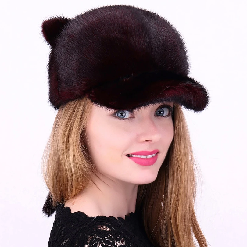 Шапка бини женская из натурального меха норки повседневная шапка в полоску с