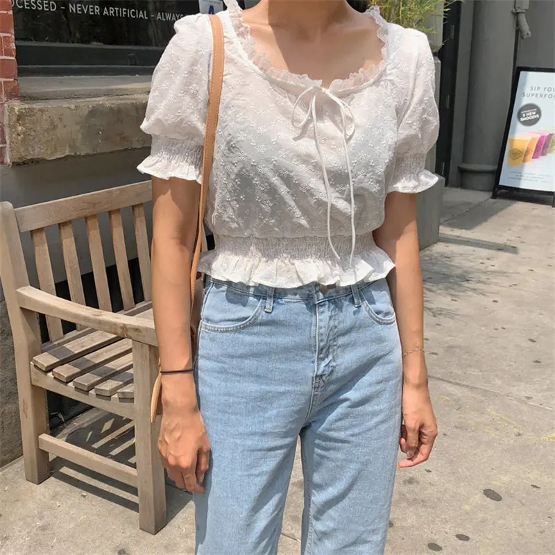 

Alien Kitty 2019 Summer Embroidery Floral Casual Bow Lace Up Loose Fresh Simple Short-Sleeved Fresh Sweet All-Match White Shirts