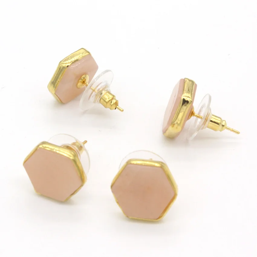 Kraft-beads Light Yellow Gold Color Hexagon Natural Rose Pink Quartz Stud Earrings For Women Anniversary Jewelry | Украшения и