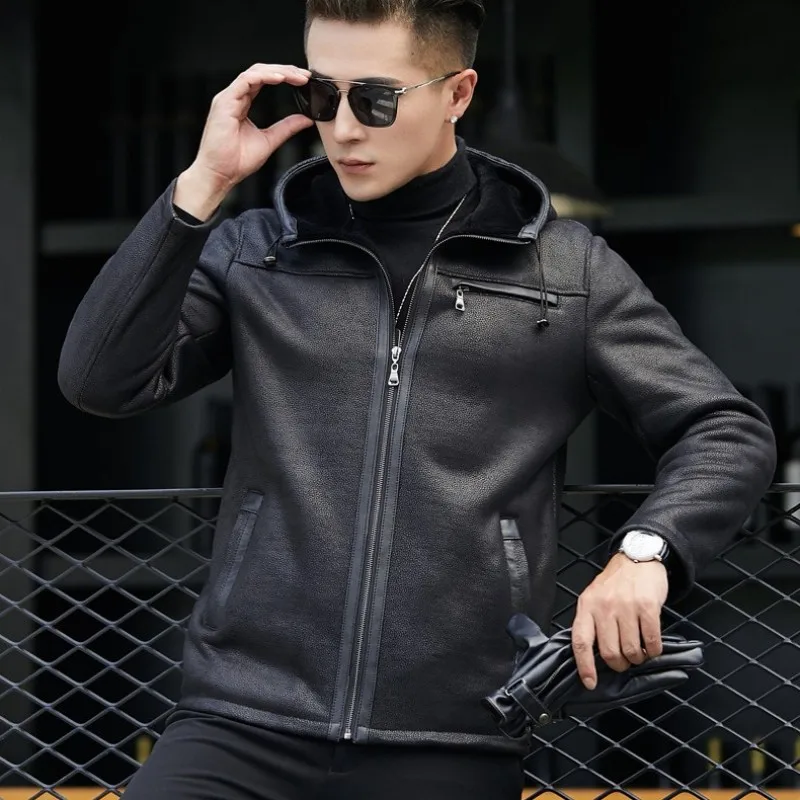 Chaqueta Cuero Hombre мотоциклетная Байкерская зимняя теплая куртка с меховой подкладкой пальто из натуральной кожи приталенная офисная Повседневная куртка-бомбер