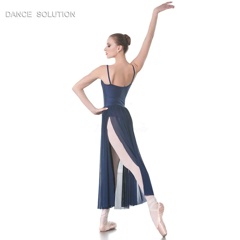 Темно-синий лиф с длинной сетчатой юбкой разрезом танцевальный костюм для