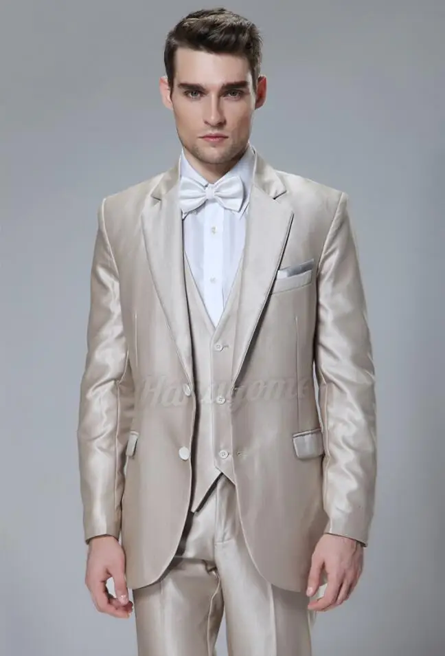 

Latest Coat Pant Designs Champagne Satin Men Suit Slim Fit 3 Piece Tuxedo Italian Custom Suits Groom Prom Blazer Terno Masuclino