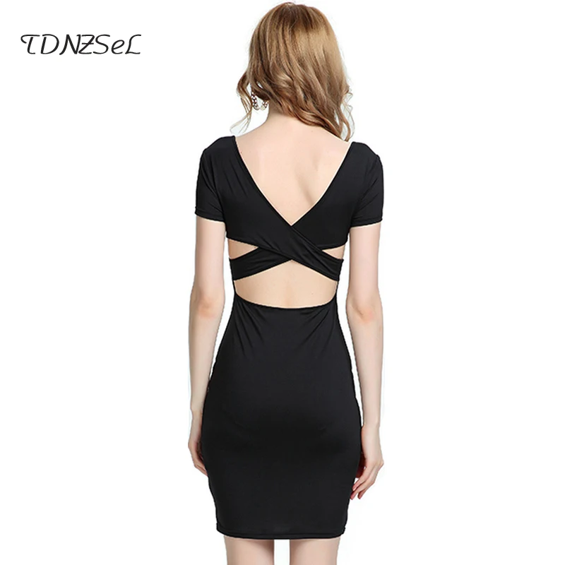 2018 пикантные черные короткий рукав спинки по колено платье карандаша Для женщин