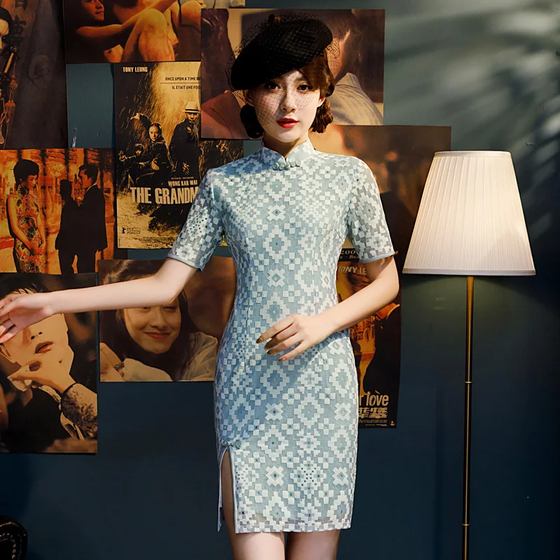 2019 летнее Мини платье Cheongsam Новинка китайский стиль короткое женские кружево Qipao