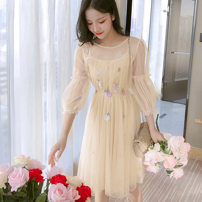 Summer Lantern Sleeve Tulle Fairy Dress Female Flower Mesh Midi Dresses Elegant Vestidos Women Embroidery Butterfly Party | Женская