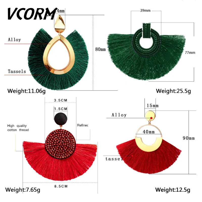 Женские богемные серьги VCORM большие подвески с бахромой из хлопка красного