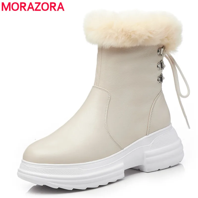 

MORAZORA 2021 top quality genuine leather snow boots round toe zipper lace up platform shoes wool women winter boots shoes
