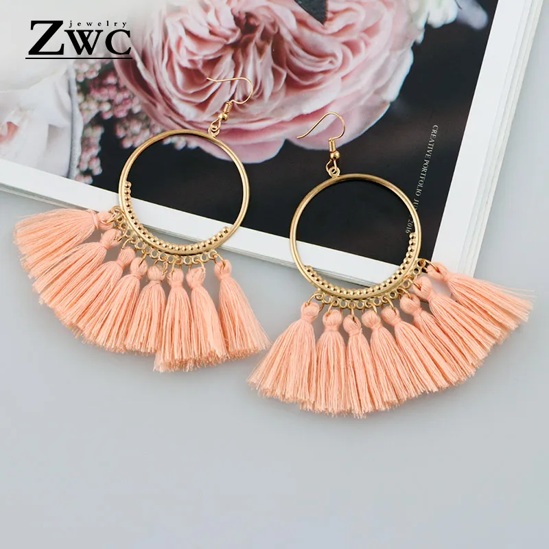 Pink 1 ZWC богемные массивные круглые большие серьги с кисточками для женщин, национальные красные черные винтажные длинные серьги ручной работы с бахромой, ювелирные изделия - Metal Color: Pink 1