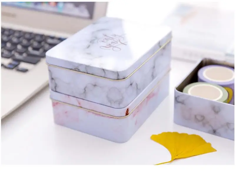 Creative tinplate marble texture storage case stationery holder daily desktop sorting box wedding candy box school office supply
