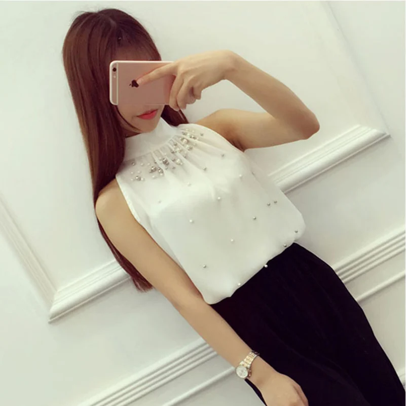 HLGO Women Korean summer sweet strapless halter neck thin fashion sexy chiffon shirt |