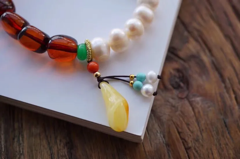 11x7.6mm Genuine Natural Yellow Amber And Pearl Bracelet With Pendant Women Stretch CrystalFashion Jewelry | Украшения и