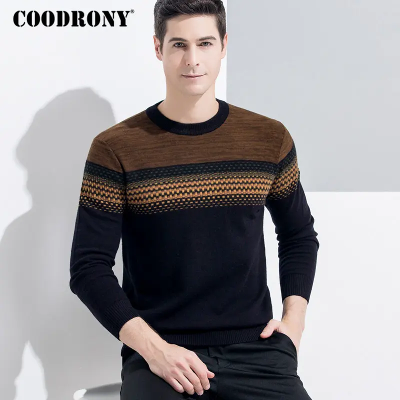 COODRONY, мужской свитер, кашемировый пуловер, для мужчин,, зимний, Рождественский, толстый, теплый, мериносовая шерсть, свитера, Повседневный, с круглым вырезом, для мужчин, 8338 - Цвет: Coffee