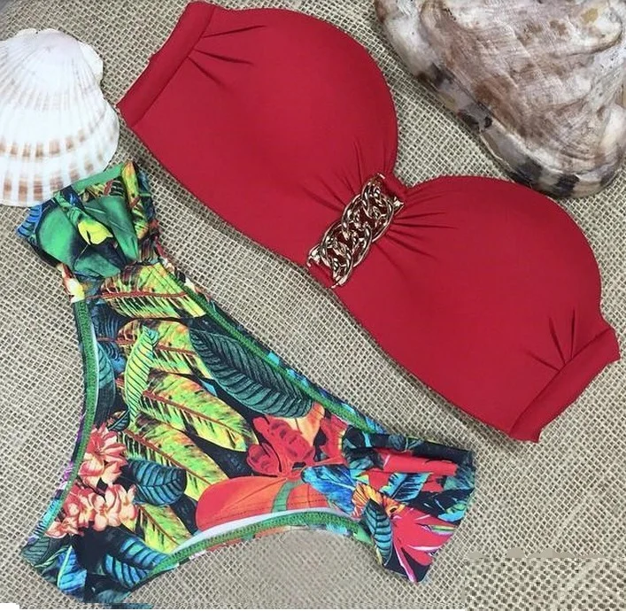 Бикини Новый сексуальный женский красный бикини купальник украшенный цепочками