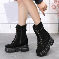2021 women genuine leather wedges platform high heel motorcycle boots female round toe winter warm fashion sneakers casual shoes