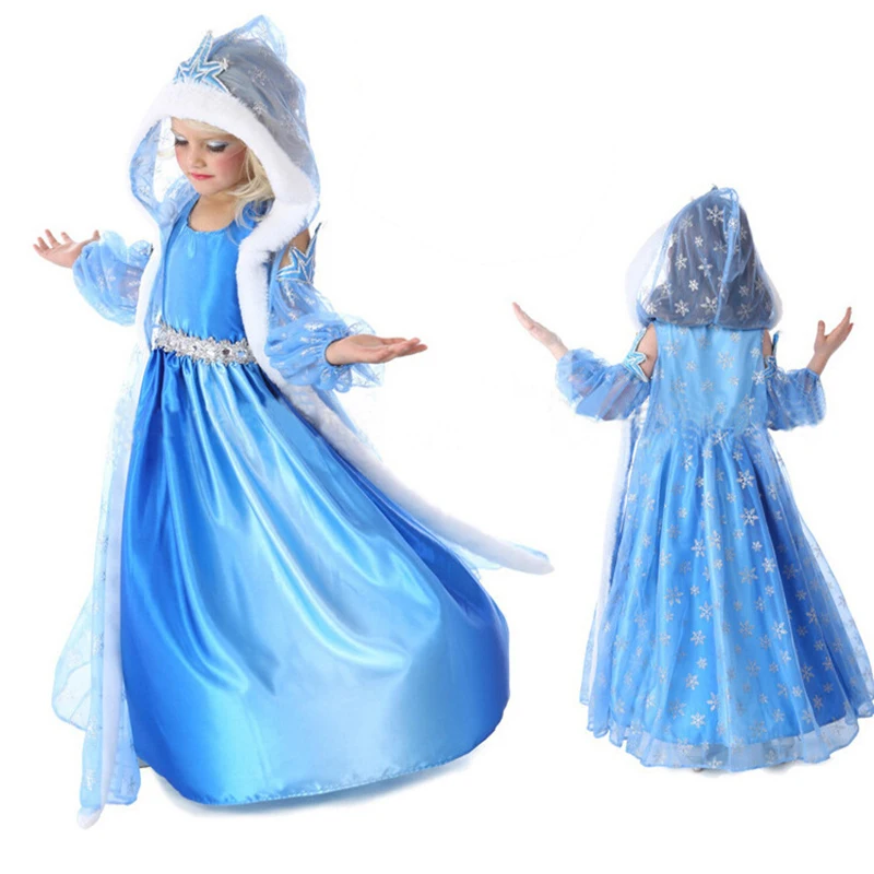 

Free shipping 2018 Frozene Elsa Jurk Anna Party Dress Christmas fur Hooded Snow Printed Cosplay Custom Baby Girl Reine Des Neige