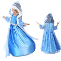 free shipping 2018 frozene elsa jurk anna party dress christmas fur hooded snow printed cosplay custom baby girl reine des neige