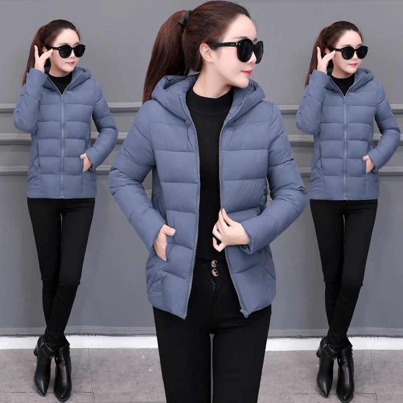 2019 Hooded Women Winter Jacket Short Cotton Padded Womens Coat Autumn Casaco Faminino Inverno Solid Color Parka Stand Collar | Женская