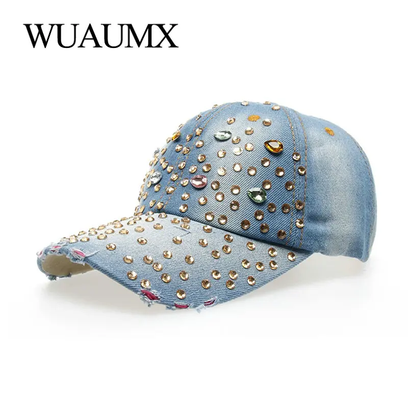 Wuaumx Bling Baseball Caps For Women With Rhinestone Bling Beauty Girl Snapback Cap For Female Denim Crystal Hats Black White