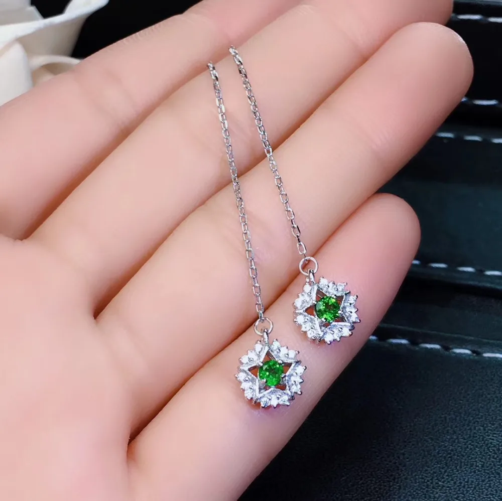 

Серьги-подвески из серебра 925 пробы с натуральными зелеными диопсидами