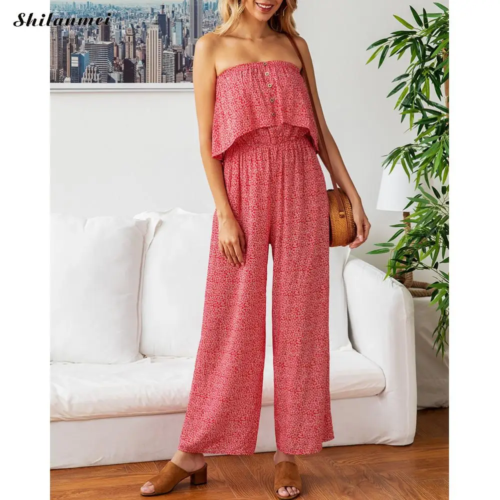 

Jumpsuit Women Polka Dot Top Wide Leg Pants High Waist Rompers Boho Straoless 2019 Ladies Jumpsuits Female Summer Long Playsuit