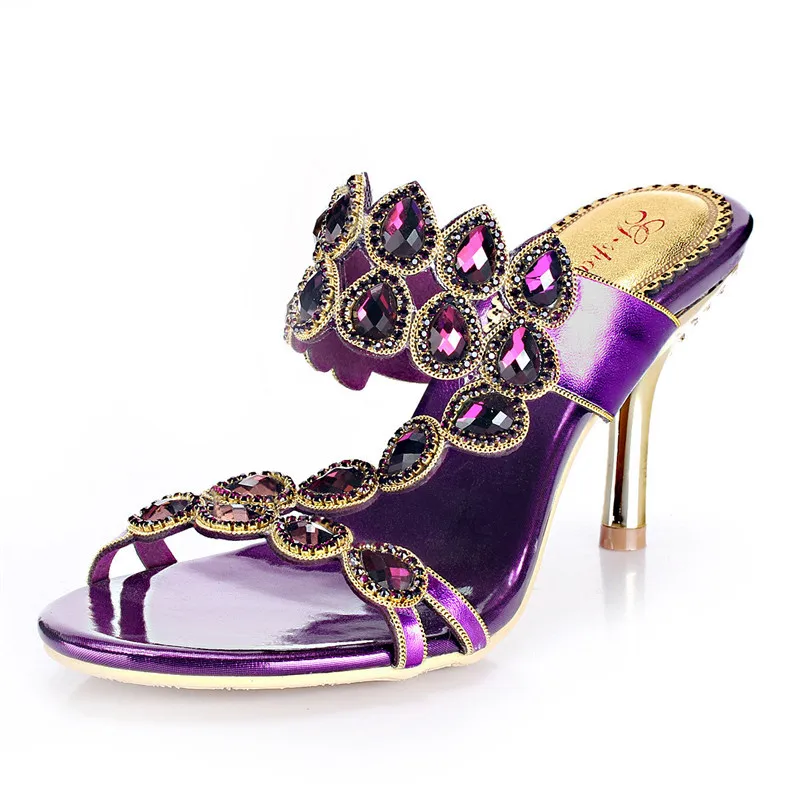 

G-SPARROW 2018 Summer Style Ladies Peep Toe Slippers Purple High Heels Stiletto Large Size Womens Fashion Shoes