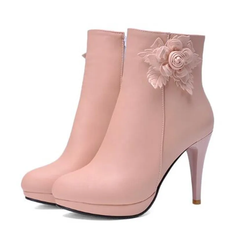 Women Boots Autumn and winter New style fashion Sweet  Flower High-heeled Short boots white Pink Apricot color Wathet size 34-43