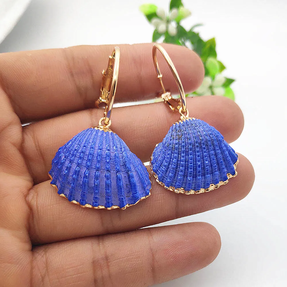 Royal blue Женские ювелирные изделия, натуральные сережки в виде ракушек, геометрические серьги-кольца с подвеской, большие серьги для женщин, пляжные украшения P698-P703 - Окраска металла: Royal blue