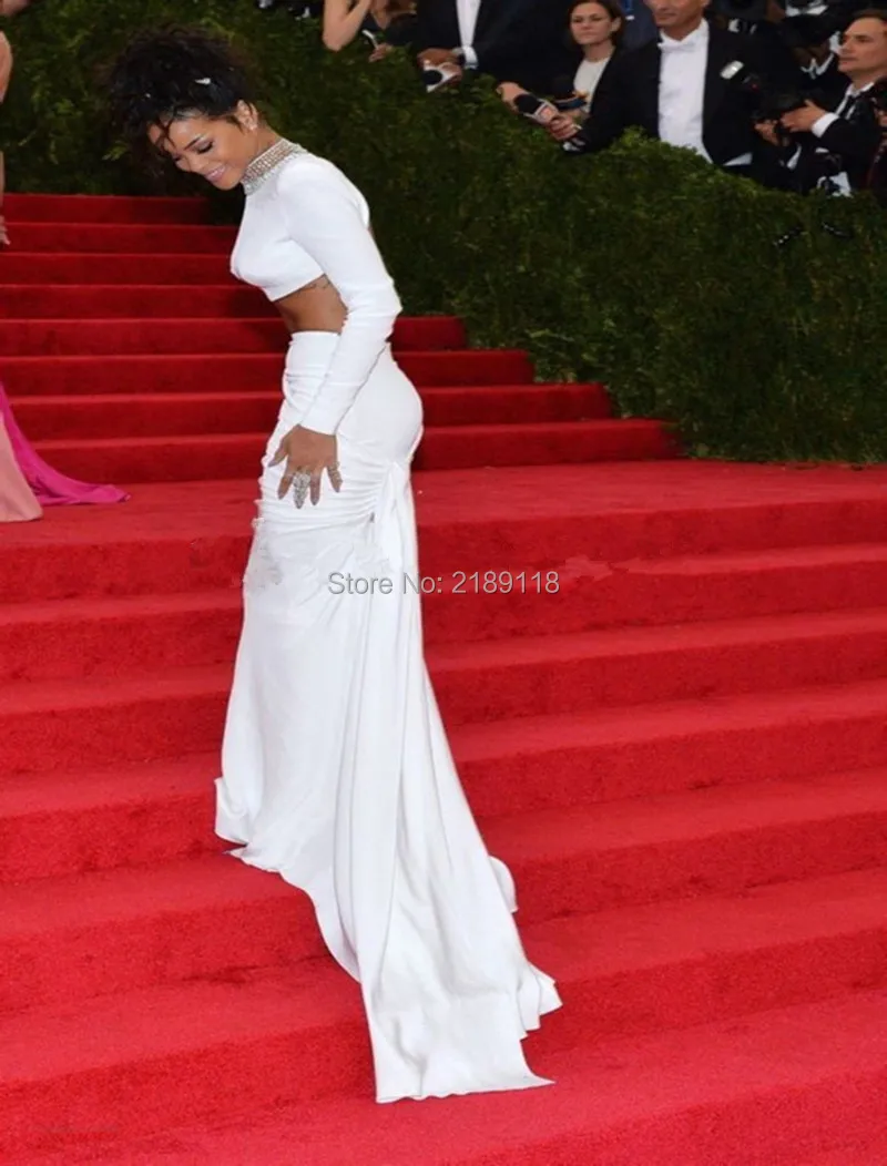 Стиль Rihanna белые сексуальные платья знаменитостей с красной ковровой дорожкой сексуальное длинное платье русалки с высоким воротником и кристаллами с Открытой Спиной вязаное вечернее платье