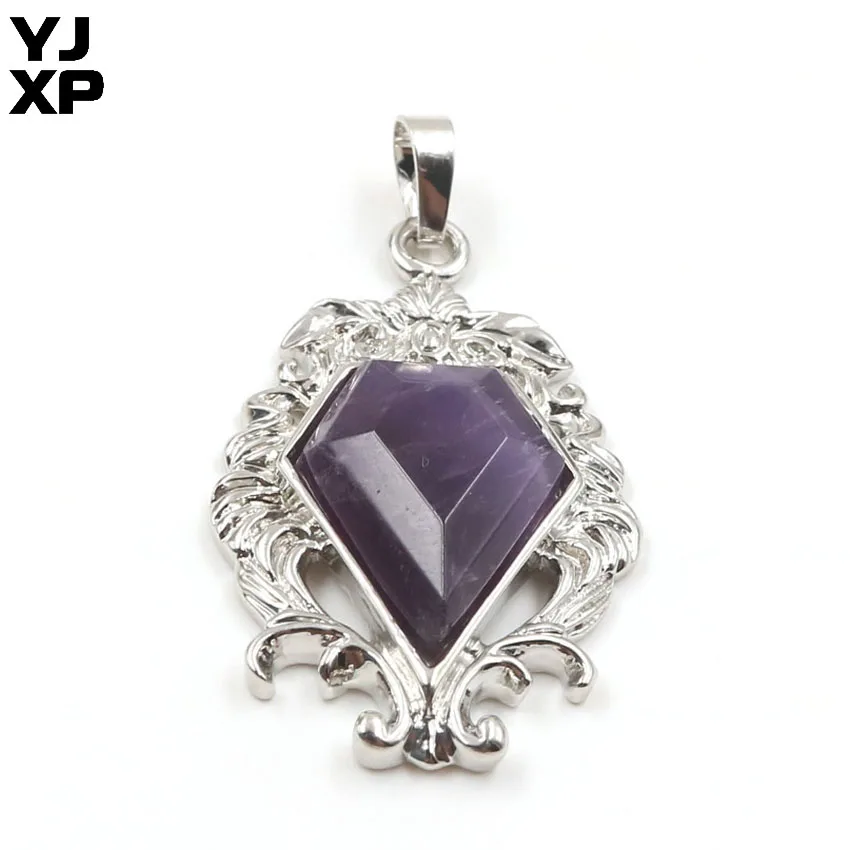 YJXP Arrowhead Pendant Silver Plated Amethysts Rose Pink Quartz Pentagonal Natural Crystal Stone Fashion Charms Jewelry 1 Pcs | Украшения и