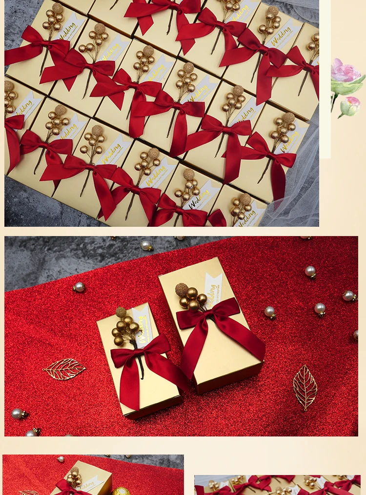 200pcs Golden candy box with bow Wedding Goods Accompanying Gifts Rectangular Candy Carton Wedding Packaging Box DIY decoration