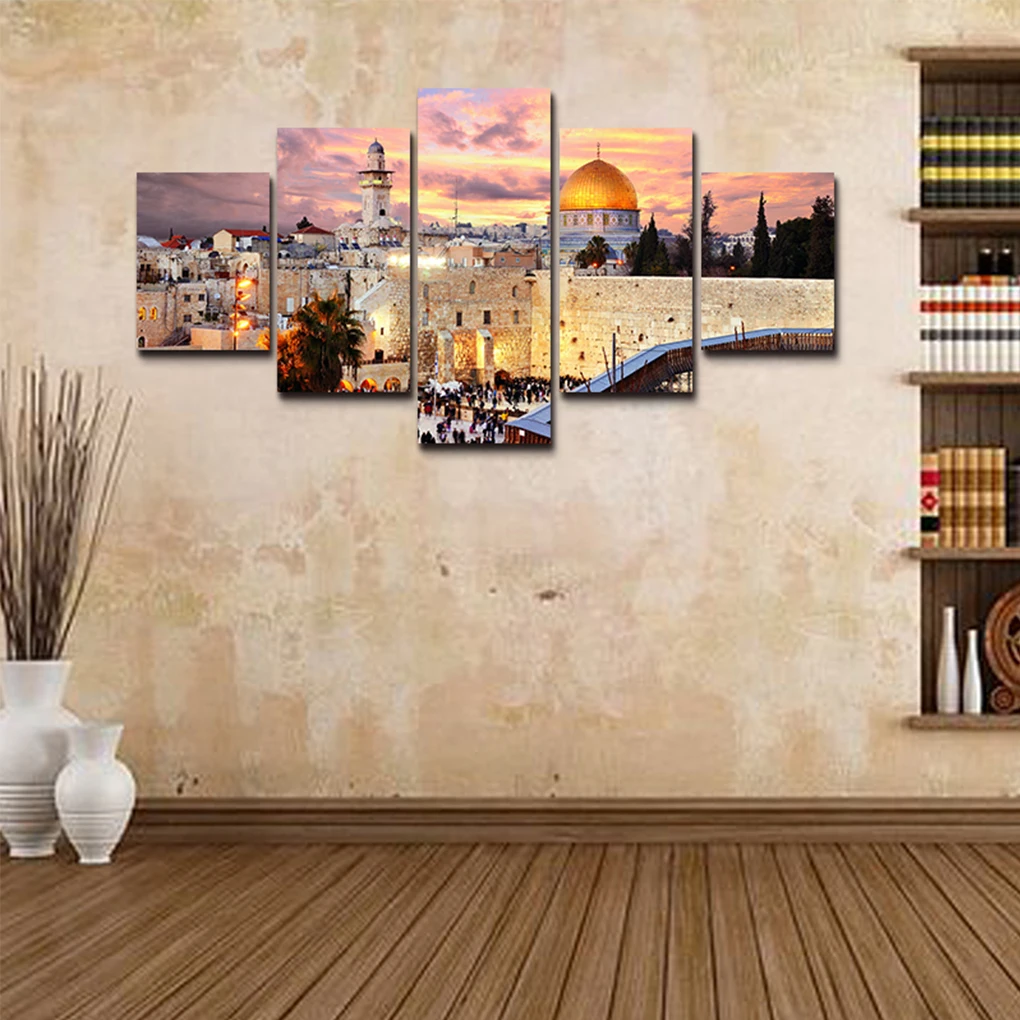 Модульная картина с оранжевым закатом 5 шт. изображением современного городского