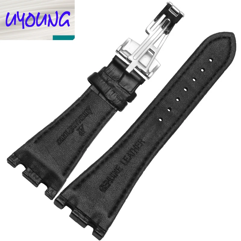 Watch band 28mm New Men High Quality Genuine Leather Watchbands Strap With Rose Gold Deployment Steel Watch buckle Clasp